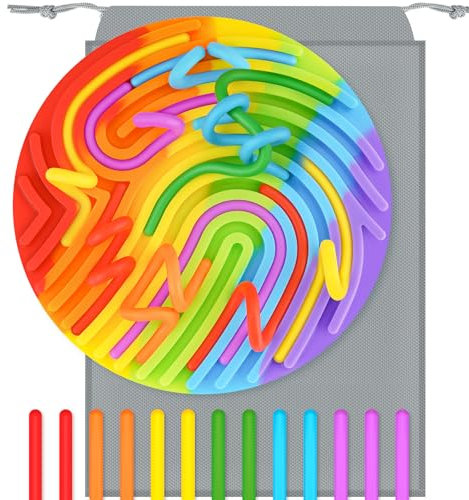 NiToy Silikon Sensorik Activity Board, Sensorik Spielzeug für Autismus Spielzeug, Reise-freundliches Activity Board für Hand-Augen-Koordination und Stressabbau,mit 13 Zubehör Schnüren (Regenbogen)