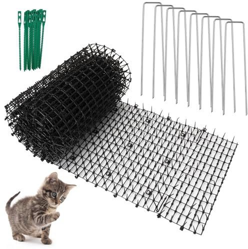 Anti Cat Spikes 400x30cm,Plastic Scat Mat with Repellent Mats Prickle Stirp Pet Deterrent Net 8 U-shaped Pegs & 8 Zip Ties for Garden Fence Lawns