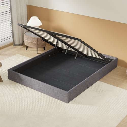 NOVEMBER Lit Coffre, Sommier à Lattes en Bois Flexible, Cadre en Tissu Gris, lit Stable et Solide. Grand Espace de Rangement sous Le lit. (Gris, 160 x 200 cm)