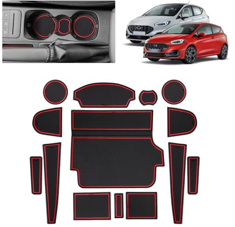 BSTW Auto Antirutschmatten für Ford Fiesta MK8 (2017-2024) | Originalgetreue Gummi Matte für Mittelkonsole, Getränkehalter & Türmulden | Passend für Ford Fiesta ST ST-Line Titanium (Rot)