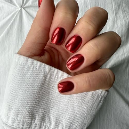 Chrome False Nails Short, SXVME Metallic Red Press On Nails Short Square, Glitter Shine Fake Nails Glue on Nails Cute, Mirror Acrylic Stick on Nails for Women Daily & Party Wear