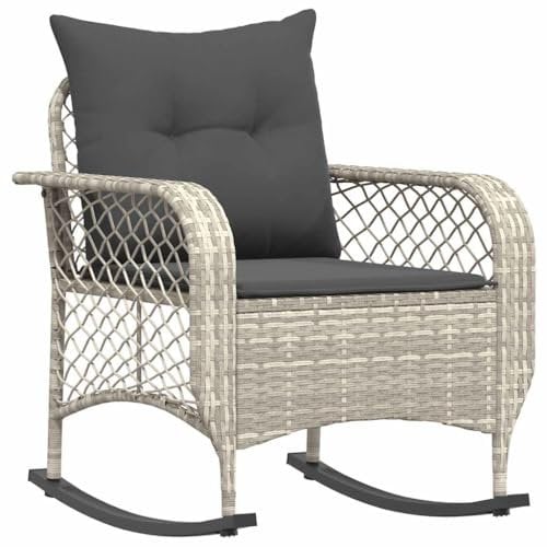 vidaXL Garten-Schaukelstuhl mit Kissen Hellgrau Poly Rattan, Gartenstuhl, Gartensessel, Outdoor-Schaukelstuhl, Schaukelsessel, Schwingsessel