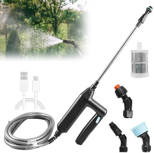 GAOUTO Pulverizador eléctrico para plantas, pulverizador a presión con batería, varilla de riego con 3 boquillas ajustables y manguera de 3 m, varilla pulverizadora recargable y portátil para jardín