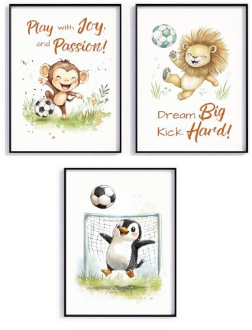 MJ-GRAPHICS® Poster Set Fußball Bild Tiere Kinderzimmer Wandbilder FineArt Druck A3 Jungen Deko süße Tier Fußball Illustrationen Löwe Affe Pinguin sportliche Kinder Deko für Babyzimmer ohne Rahmen