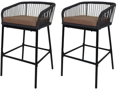 Mendler Lot de 2 tabourets de Bar Rope HWC-O22, Tabouret de Bar, Outdoor Assise rembourrée Corde tressée métal - Anthracite, Coussin Taupe