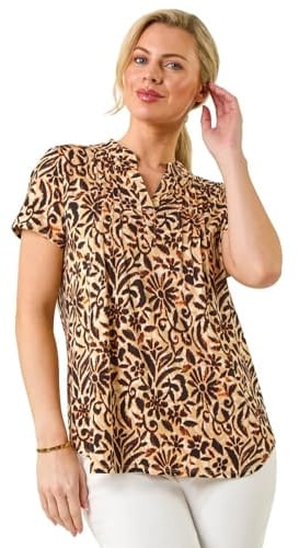 Roman Originals V-Neck Top for Women UK - Ladies Buttoned Short Sleeve Blouse Shirt T-Shirt Everyday Holiday Summer Casual Smart Office Work Casualwear Leisure Party - Petite Noir Natural - Size 14