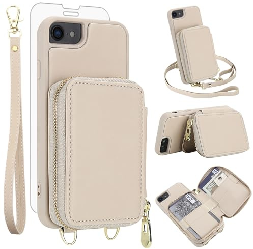 Phone Case for iPhone 6/6s/7/8/SE 2020 2022 Wallet Cell Cover with Screen Protector Crossbody Strap RFID Blocking Card Holder i Six Seven 6a i6 i7 i8 7s 8s SE2020 SE2 2 SE2022 SE3 3 Women Girls Beige