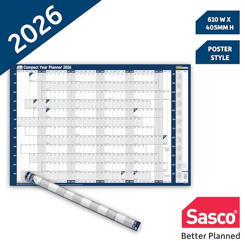 Sasco 2026 Compact Wall Planner – Landscape Year Calendar with Wet Wipe Pen & Stickers, 61x40.5cm, Blue – 2026 Calendar UK & ROI Holidays Marked – Space-Saving for Home or Small Offices