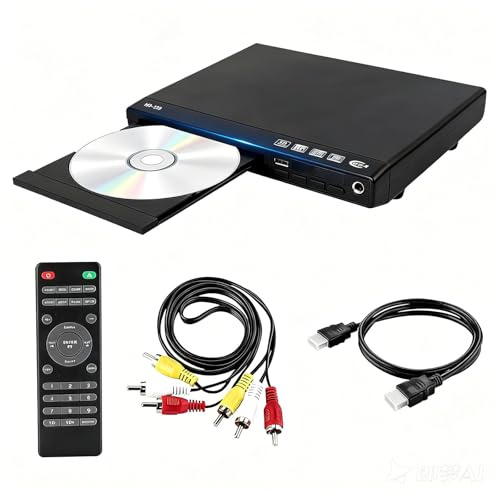 DVD Player for TV, 1080P DVD/CD Player with HDMI/AV Output, Multi Region DVD Player for Smart TV, USB Input Supports MP3/MP4/AVI Formats, Included Remote Control, Cables