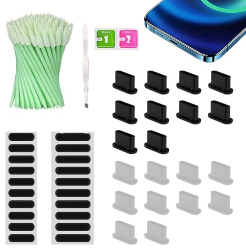 JiaTeums Staubschutzset m. USB-C-Stopfen, Lautsprecherfolien,Wattestäbchen | 143-teiliges Reinigungs- und Schutzset für iPhone, iPad Pro/Mini, MacBook Pro/Air, Samsung Galaxy, Kindle und USB-C-Geräte