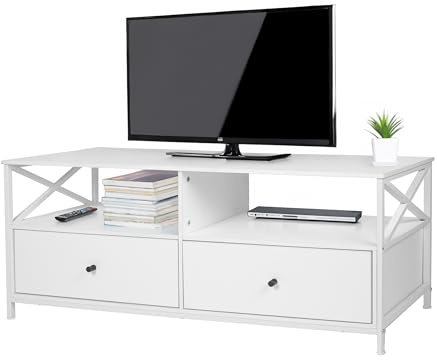 Relaxdays TV-Lowboard, 2 Fächer & 2 Schubladen, TV-Schrank bis 55 Zoll, HBT: 50 x 120 x 40 cm, Fernsehtisch, weiß
