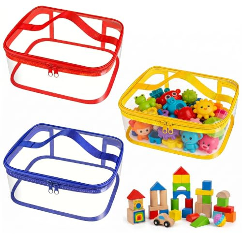 3 Pcs Clear PVC Toy Bags, Waterproof Double Zipper Reusable Travel | Storage Toy Organiser Organizer, with Handle, for Building Blocks Puzzle Balls Board Games