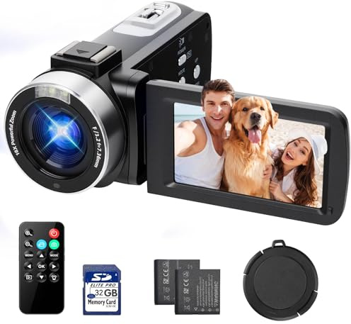 Aroeally Camcorder Video Camera 4K, 42MP Vlogging Camera for YouTube with 18X Digital Zoom, 3.0 270° Flip Screen, Includes 32GB SD Card, 2 Batteries, Remote, Webcam Mode