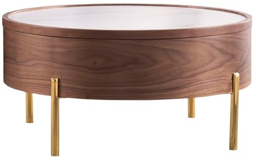 KIBONCY Table Basse, Table Centrale Ronde relevable avec Cadre en Bois de Noyer, Plateau en marbre Noir et Pieds dorés for Salon, Bureau à Domicile et Petit Espace(B)