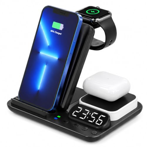 LORESJOY Station de Charge 5-en-1 sans Fil | Chargeur à Induction Rapide pour iPhone et Samsung, Lampe LED Nuit et Réveil Numérique, Pliable Portable
