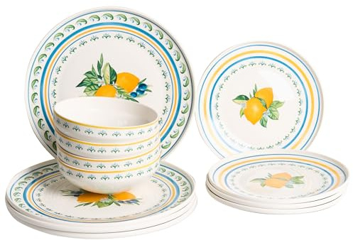 Vajilla de 12 piezas de porcelana acabado esmaltado con motivo de cítricos y limones para 4 personas comedor cocina blanco y verde Tarragon