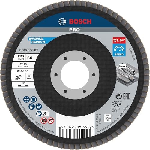Bosch PRO X571 Fächerschleifscheibe, gerade, 115 mm, K40 | für Stahl, Edelstahl, Körnung 60, Professional Zubehör Kleiner Winkelschleifer