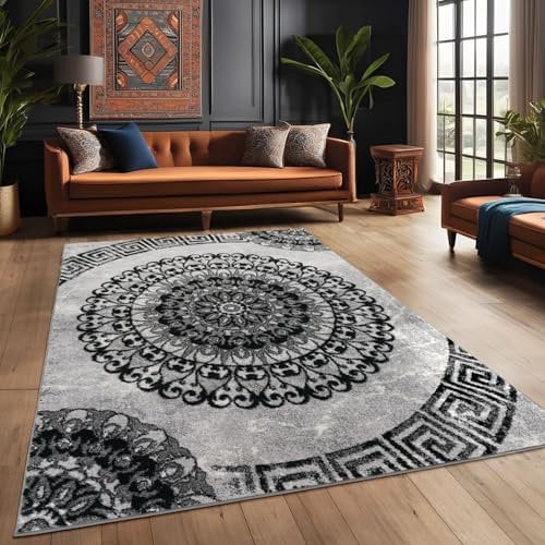 Teppiche Palermo Klassisches Design Wohnzimmer Teppich Grau Schwarz Meliert, Größe:80x150 cm