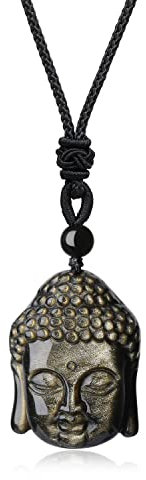 COAI Unisex Geschenkideen Buddha Kopf Anhänger aus Obsidian Gold Buddhistische Glückskette
