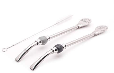BALIBETOV Bombilla (Sorbetes) Premium de Acero Inoxidable para Beber Yerba Mate, con Cepillo y Filtro removible para Optima Limpieza - 22 cm de Largo. (Negro - Gris)