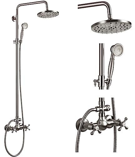 Shower Faucet Sets 8 Inch Rain Shower Head 2 Cross Knobs Mixer Shower System with Handheld Shower Spray Brushed Nickel Finish Silver