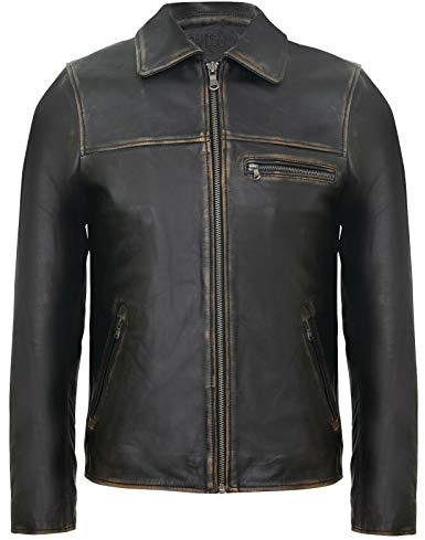 Men's Smart Collar Black Vintage Rub Off Cow Hide Leather Classic Harrington Bomber Jacket XL