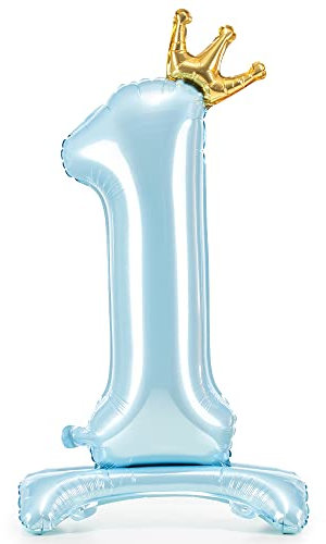 Stehender Folienballon Zahl 1 mit Krone in Hellblau 84cm
