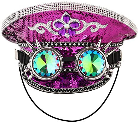 Unisex Pailletten Militär Kapitän Hüte mit Brille Steampunk Zylinder Hut Festival Halloween Cosplay Kostüm Kappen (lila)