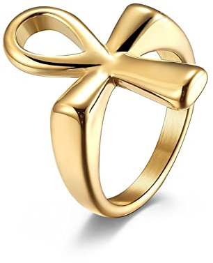 Ring Edelstahl Herren, Goth Ring Herren, Ankh-Kreuzring 26 MM Breit Ring aus Edelstahl Gold Größe 60 (19.1)