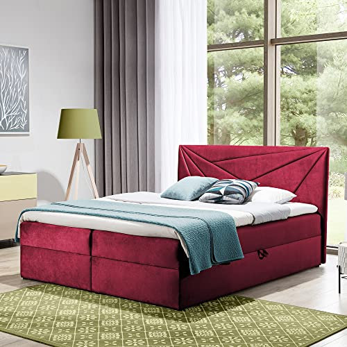 Boxspringbett Doppelbett TEO - Bett mit Bonellmatratze, mit Bettkasten für Bettwäsche und Topper. Gepolsterte Kopfstütze in 3 verschiedenen Varianten (Rot, 140x200 TEO 3)