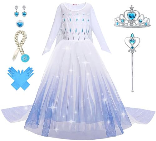 Foierp Déguisement Elsa filles Robe de princesse La Reine des Neiges avec ensemble d'accessoires couronne Halloween Cosplay mariage