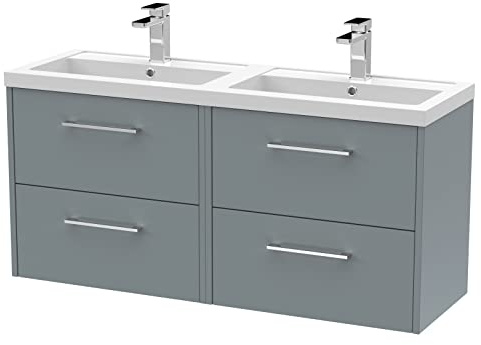 Hudson Reed JNU2324C Juno Modern Bathroom Wall Hung 4-Drawer Vanity with Polymarble Double Basin, 1200mm, Matt Coastal Grey