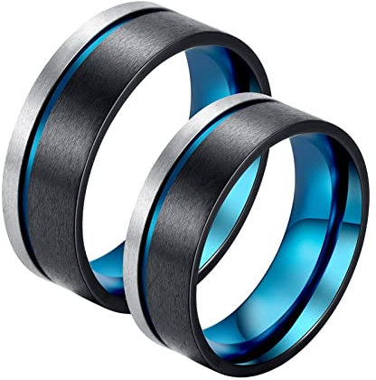 AMDXD Trauringe, 8mm Edelstahl Trauringe Frauen Silber Schwarz Blau mit Tricolor Gebürstet Ring Männer Preis für 2, Frauen 54 (17.2) & Männer 62 (19.7)