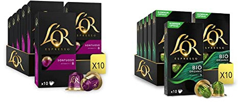 L'Or Espresso Café - 100 capsules Sontuoso Intensité 8 - compatibles Nespresso®* (lot de 10 x 10) & Espresso Café Bio - 100 Capsules Intensité 9 - compatibles Nespresso®* (lot de 10 x 10)