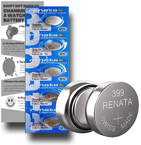 SR927W Watch Batteries - 5 x Renata 399 Swiss Made Equivalent to SR927W Replacement Cell Button Battery Pack for Watches with Fitting Guide