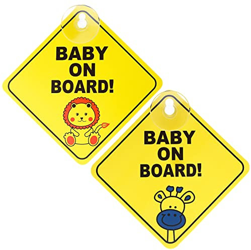 TIESOME Baby on Board Auto Warnschilder, 2 Stück Sicherheits Autoschild mit Saugnäpfen Abnehmbarer Kinder-Sicherheitswarnaufkleber für das Auto Gelb süß Baby on Board Aufkleber Auto (Stil 1)