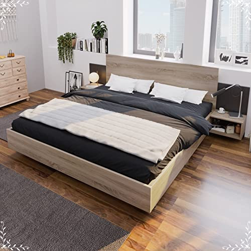 AMDXD Doppelbett Holzbett Bettanlage 160 x 200 cm mit 2 Nachtkommoden Modernes Bett inkl. 2 Nachttischen Schlafzimmer Komplett - 205.5x235x76.5 cm(T/B/H) Set in Eiche Sonoma/Dunkelgrau