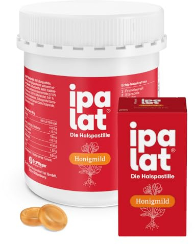 ipalat Halspastillen Honigmild: Bei Heiserkeit & Hustenreiz, mit Primelwurzel, Anis und Fenchel, besonders milder Geschmack ohne Menthol, 400, 40 Halspastillen