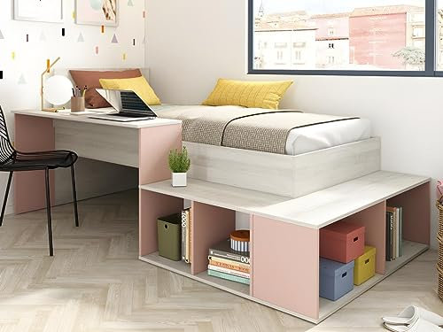 Vente-unique - Kombi-Bett 90 x 200 cm mit Stauraum & Schreibtisch + Lattenrost - Holzfarben & Rosa - RIGALI