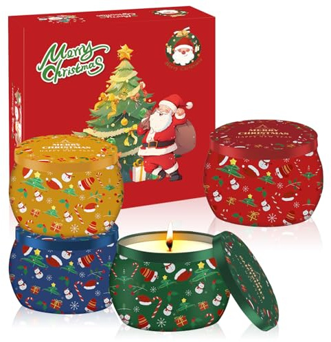 4 Stück Weihnachten Duftkerzen Geschenk Set,100% Natürliches Sojawachs Aromatherapie Kerzen für Stressabbau Entspannung des Körpers,18 Stunden Brenndauer Tragbare Reisekerzen für Weihnachten