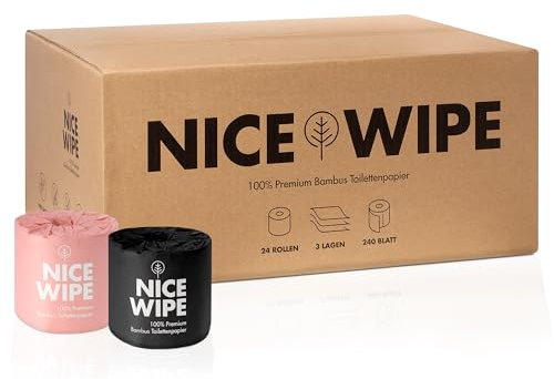 NiceWipe Bambus Toilettenpapier, 100% Bambus, 24 Rollen á 240 Blatt, 3-lagig, ultra-weich, reißfest, hautfreundlich, vegan, kein Plastik, umweltfreundlich und nachhaltiges Klopapier (Natur)