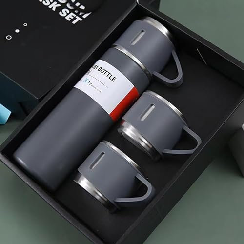 Botella Termo cafe 500 ml con 3 Tazas,Difusor De caudal,Ideal Camping, Transporta y Mantiene Cafe y Bebidas Calientes 12h, Mantiene Bebidas Frias 12h Ideal para fuera de casa (gris)