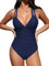 CUPSHE Damen Badeanzug V Ausschnitt Bauchweg Raffungen Zierausschnitten Tiefer Rückenausschnitt Crossback Einteilige Bademode Swimsuit Dunkelblau XS