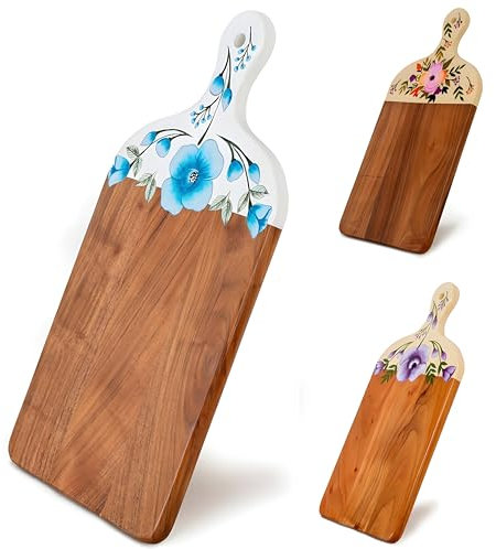 Tagliere in legno di acacia, decorativo, dipinto a mano, motivo floreale, grande e unico tagliere in legno con manico per cucina (53,3 x 25,4 x 2,0 cm)