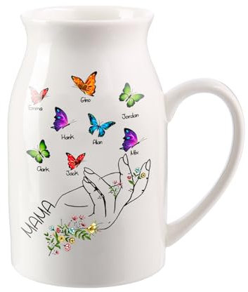 Wamantic Personalisierte Vase Muttertag - Benutzerdefinierte 1-8 Namen Keramik Vase Personalisierte Namen & Text Getrocknete Schmetterlings Vase für Home Decor Geschenke für Oma Mama(8-Namen)