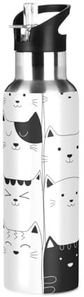 Bouteille d'eau avec paille anti-fuite - Motif chat mignon - Noir et blanc - Bouteille isotherme sous vide pour filles et garçons - 600 ml