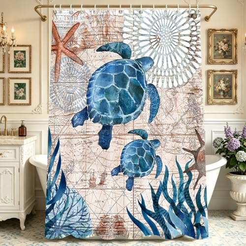 Lerores Duschvorhang 200x160 cm Meeresschildkröte,Beschwerter Saum Antischimmel,Wasserabweisend,Waschbar Polyester Stoff Badevorhänge mit 12 Ösen und Duschvorhangringe für Badezimmer,Badewanne