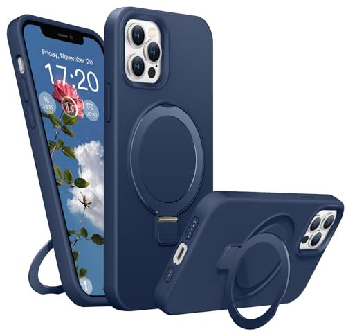 BENTIACC Liquid Silicone Case for iPhone 12 Pro Max, Magnetic Stand Ring, 4-Layer Shockproof, Blue