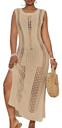 Bsubseach Women Long Sleeveless Crochet Bikini Beach Cover Up | Sleeveless Crochet Maxi Dress with Stylish Hollow-Out Detailing, Soft Polyester Knit, Breezy Side Slits