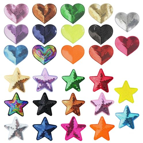 CWPFVQA 28 Stück Pailletten-Aufnäher Zum Aufbügeln, Herzförmige Und Fünfzackige Sterne, Bestickte Patches, Bügel-Appliqués, Kind, Romantic Glam, Multicolored, Filz, Stern, 27357870031